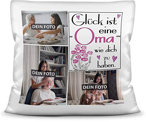 Print Royal Foto-Kissen inkl. Füllung zum Selbstgestalten - für Oma - mit eigener Collage und Spruch - Bestes Fotogeschenk/Geburtstagsgeschenk - Kissen Polyester - Weiß