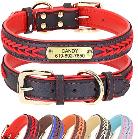 Didog Hundehalsband, Leder, mit Gravur des Namensschildes aus Messing, geflochtenes Leder, weich gepolstert, verstellbar, für kleine, mittelgroße und große Hunde,Rot, M(Halsumfang 30–39 cm)