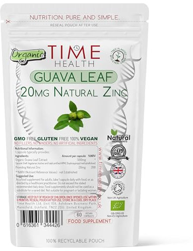 Organic Guava Leaf Extract – 20mg Natural Zinc per Capsule – Vegan – Zero Additives – GMP Standards – (60 Capsules)