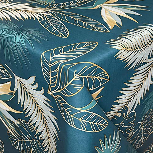 KEVKUS Wachstuch Tischdecke C14213G Palmen Blätter Monstera Petrol Gold eckig rund oval (Rand: Schnittkante (ohne Einfassung), 80 cm rund)
