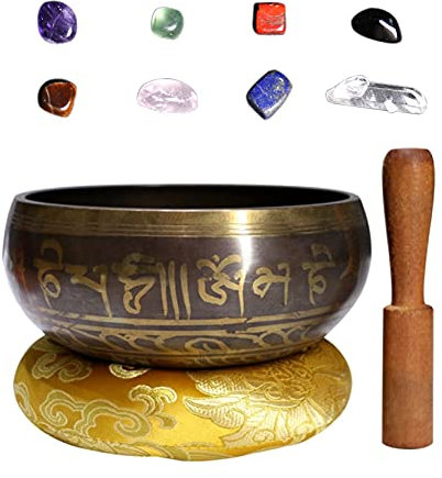 Bol chantant, MKNZOME 3.35 '' bol chantant tibétain fabriqué à la main avec pierres de chakra Bol sonore de méditation pour thérapie sonore tibétaine,guérison, yoga, Soulagement de Stress et Anxiété