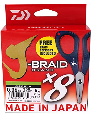 Daiwa J-Braid Grand X8E, 270m, Chartreuse, Geflochtene Angelschnur, mit Schere