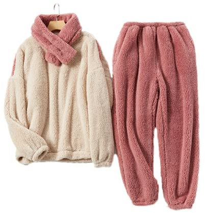 iyoimono Pigiama da donna, set da 2 pigiama con top lungo e pantaloni in pile polare, morbido e caldo, flanella da notte PjS, per donne in flanella, in pile per l'inverno, Bianco rosa antico., L