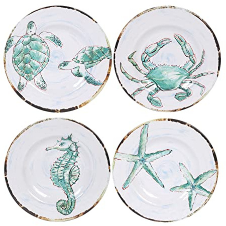 Gofunfun Melamine Salad Plates Set of 4, Outdoor/Indoor Use, Marine Life | Coastal 8.75 Salad/Dessert Plate for Coastal Dining & Party Events , Shatterproof, BPA Free, Dishwasher Safe