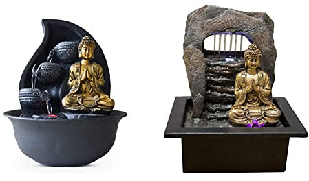 Zen Light Praya Zimmerbrunnen mit Pumpe und LED-Beleuchtung, Kunstharz, Gold & Zen'Light Zen Dao Springbrunnen, Kunstharz, Bronze, 21 x 17 x 25 cm
