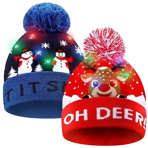 Auniq LED Weihnachten Hut, LED Leuchten Hut Mütze LED Xmas Weihnachten Hut Beanie Mütze Warme Wintermütze Strickmütze Hässlich Urlaub Party Geschenk Kappe Hut für Männer Frauen Kinder (Blau+Rot)
