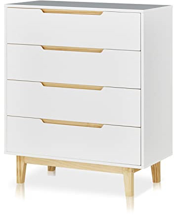 KHG Kommode mit 4 großen Schublade im Scandi-Look, Sideboard aus Holzwerkstoff weiß lackiert, Gestell & Akzente aus massiver Kiefer Natur - 80 x 95 x 38 cm (B/H/T)