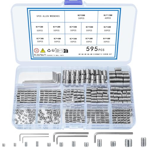 KOXXIAMOQ Juego de 595 tornillos surtidos, tornillos de cabeza Allen, M3, M4, M5, M6, M8, tornillo métrico sin cabeza, juego de tornillos internos de punta de copa, 12 tamaños, incluye 5 llaves