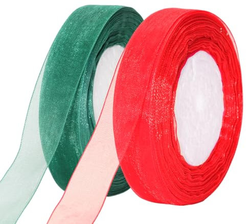 jijAcraft Organzaband Rot und Grün, 45M Organza Schleifenband Dekoband, 20mm Transparentes Chiffonband Geschenkband für Weihnachten, Geschenkverpackung, Hochzeit, Dekoration