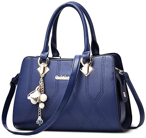 FOLOVEYA Mode Damen Handtasche Frauen Umhängetasche mit Blumen-Perlen-Anhänger Henkeltaschen Elegant Top-Griff Taschen PU Leder Shopper Schultertasche für Arbeiten Reisen Dating Blau
