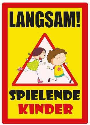 SL group - 1 Schild Langsam! Spielende Kinder 20 x 30 cm aus extra stabiler PVC Kunststoff-Platte - Warnschild Vorsichtig hier Spielen Kinder - Achtung Spielstraße bitte langsam fahren Warnhinweis