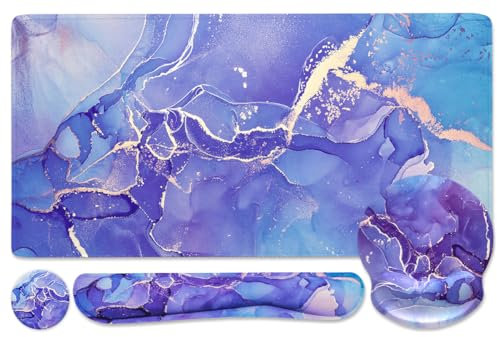 Keyboard Wrist Rest Large Mouse Pad Wrist Support for Computer, 4 in 1 Memory Foam Keyboard Pad Desk Mat Ergonomic Hand Rest Wrist Cushion for Home Office Gaming - Purple Marble