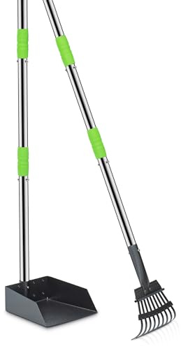 Niubya Pooper Scooper for Dogs, Metal Poop Scooper Tray and Rake Set with Adjustable Long Handle, Dog Pooper Scooper for Pet Waste Removal