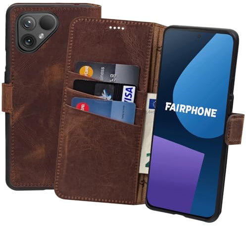 Suncase Book-Style Hülle kompatibel mit Fairphone 5 Leder Tasche (Slim-Fit) Lederhülle Handytasche Schutzhülle Case mit 3 Kartenfächer in antik-Coffee