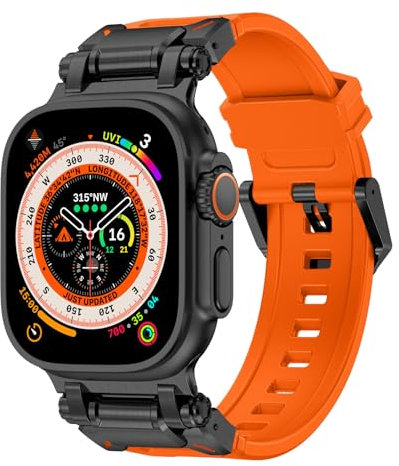 Sports Band for Apple Watch Ultra 2/Ultra bracelets 49mm 45mm 44mm 42mm for men, Durable Silicone Band with Metal Connector IWatch Ultra 9 8 7 6 5 4 3 SE(Black Adapter-Orange)