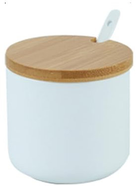 Jarsense Ceramic Sugar Bowl, 250ml Sugar Pot with Wooden Lid and Spoon, Spice Jar for Salt, Sugar, Coffee, Tea, Seasoning Box for Home Kitchen Coffee Bar - White