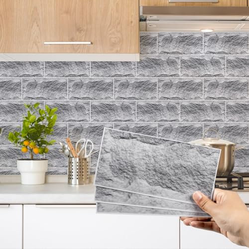 Decoroom Tile Stickers Grey 24pcs/10x20cm Self Adhesive Wall Tiles Waterproof Peel and Stick Rock Effect Vinyl Tiles Stick on Tiles Kitchen Backsplash Bathroom