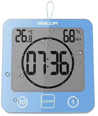 Reloj de pared impermeable para baño, temporizador de ducha, reloj despertador digital de cuenta regresiva visual grande con temperatura y humedad, succión de espejo y cuerda para colgar y soporte