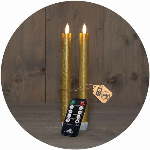 Stabkerzen LED mit Timer GOLD 2er indoor mit Timer Funktion 6 Stunden ECHTWACHS 18cm Höhe für Kerzen 2,2cm Durchmesser 2 AAA Batterien notwendig LED Stabkerzen flackernde Flamme bewegliche Flamme