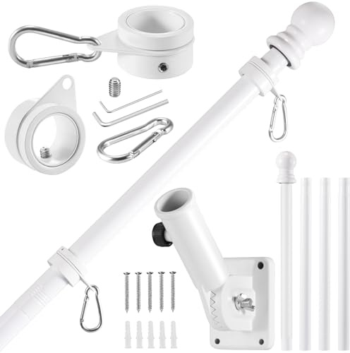 BONWIN White Flag Pole Kit for House, 5 FT Thickened Stainless Steel Porch Wall Mount Flagpole for 3x5' Flag, 1 Tangle Free Rotating Flag Pole Rings & 180° Adjustable Multi-Positions Bracket Holder