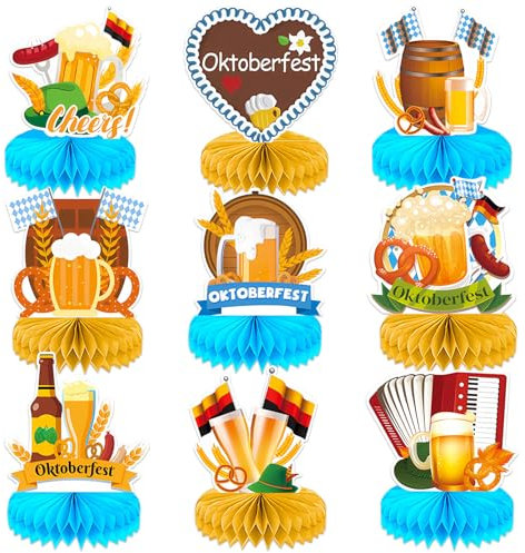TOPJOWGA 9 Stück Oktoberfest Deko, Oktoberfest Tischdekoration Bienenwaben, Oktoberfest Bienenwabe Bayrische Deko Mittelstück Tischaufsätze, Oktoberfest Bienenwabe Mittelstück Deko