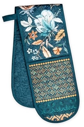 Maison d' Hermine Double Oven Mitts 100% Cotton 18 cm x 89 cm Double Oven Mitt Heat Resistant BBQ Cooking Gloves with Loop, Baking, Grilling, Home, Kitchen, Handling Hot Pans (Luxury Loft - Dark Teal)