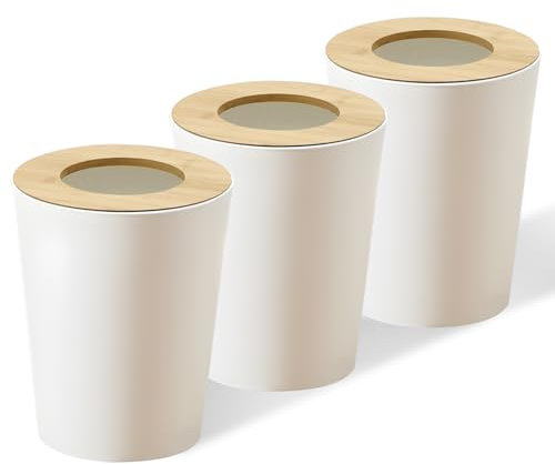 Lot de 3 poubelles blanches pour chambre à coucher avec couvercle en bambou, 8 litres, poubelle esthétique moderne pour chambre, bureau, salon, petite poubelle de salle de bain, style bohème