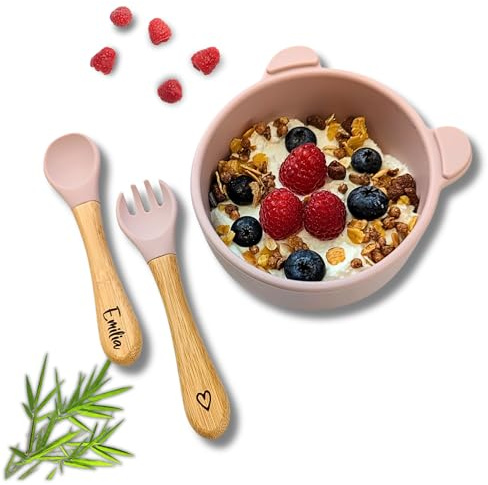 C|UTE – Kindergeschirr personalisiert mit Namen | Schüssel mit Saugnapf & Kinderbesteck (Esslernlöffel, Gabel) graviert | BPA-frei | Geschenk Babygeschirr ab 12 Monate (Rosa, Set ohne Lätzchen)