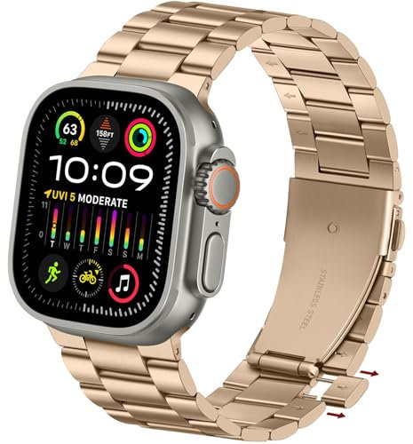 Anlinser Metallband Kompatibel mit Apple Watch Armband 49mm 46mm 45mm 44mm 42mm Kein Werkzeug Erforderlich, Ersatzband Kompatibel mit iWatch Ultra 2/Ultra SE Serie 10 9 8 7 6-1 (Gold)