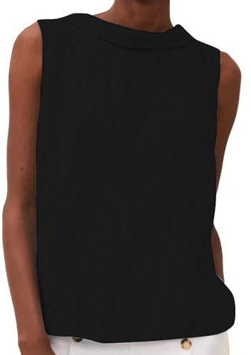 Women's Cotton Linen Tank Tops High Neck Casual Cami Sleeveless Camisole Blouses Summer Basic Shirt Solid Color Crop Tops(Black,X-Large)