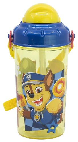 Stor Kinder Trinkflasche mit Strohhalm Paw Patrol 465ml - BPA-freie Kunststoffflasche mit Deckel und Tragegurt für Schule und Sport