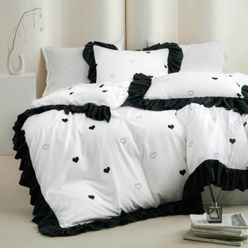 Covebett Bettwäsche 220x240 Herzen Schwarz Weiß mit Rüschen Romantische Bettwäsche Set Herzchen Herz Schwarz Weiss Renforce Mikrofaser Doppelbett Bettbezug und 2 Kissenbezug 80x80 Reißverschluss