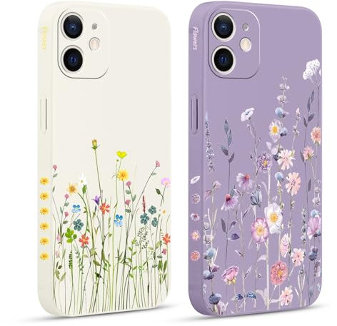 Yirlbey 2 Stück für iPhone 12 Hülle 6,1 Zoll Handyhülle mit Blumen Muster Cute Aesthetic Motiv Case, Weiche Ultra Dünn Lila Beige Silikon TPU Kameraschutz Stoßfeste Schutzhülle