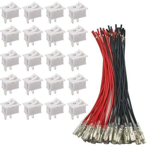 GTIWUNG 20 Stücke Druckschalter AC 6A/250V 10A/125V Weiß, 2-Polig Boot Kippschalter KCD1 Ein/Ausschalter, ON/OFF Kippschalter, Mini Boat Wippschalter Schalter mit 22AWG Rot & Schwarz Draht