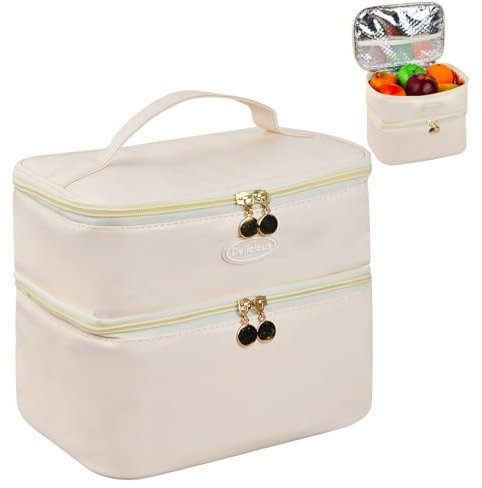 DEARBAG Bolsa térmica Porta Alimentos, Nevera portatil pequeña, Bolsa De Almuerzo Para Oficina, Lonchera Aislada, Bolsa Térmica para Mujer, Hombre, Escuela, Playa, Camping, Beige (Doble capa)