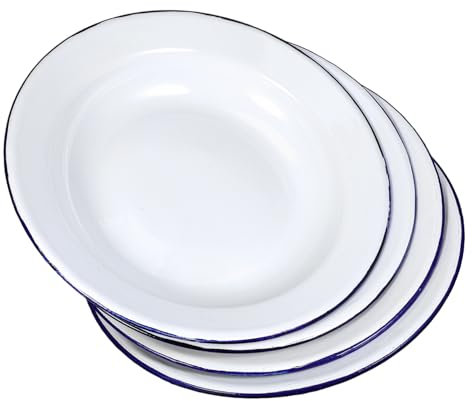 CONGARTENO Enamel Dinner Plates with Rim 22cm White Retro round Salad and Pizza Plates Set of 4 Food-grade Enamel Outdoor Serving Dishes for Parties and Household Use