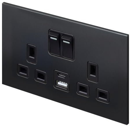 Aura 13A Double Plug Socket with USB A & USB C - 2 Gang Wall Socket for Fast Charging - Modular Faceplate - Modern, Easy to Install, Premium - 35mm Back Box - For Home & Commercial Use - Matt Black