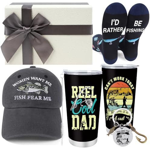 Luvart Cadeaux de pêche pour papa – Lot de 4 cadeaux de pêche pour la fête des pères, 590 ml, tasse de voyage, chaussettes, casquette, porte-clés, cadeaux d'anniversaire, de Noël, de départ à la