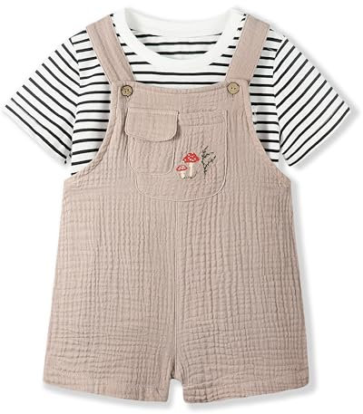 Volunboy Completi Estivi Bambino, Unisex Salopette/Tuta Corta + T-Shirt Completo 2 Pezzi Abbigliamento per 1-4 anni(Taglia 90,18-24 mesi,Rosa beige