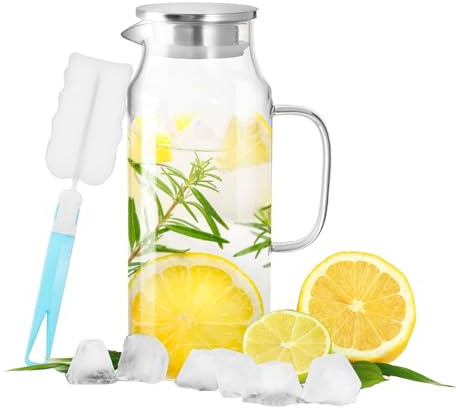 1.5 Liter 51 Ounces Glass Pitcher with Lid Borosilicate Glass Water Jug for Iced Tea Hot Water Cold Beverages Wine Coffee Milk and Juice Beverage Carafe Includes Long Handle Brush