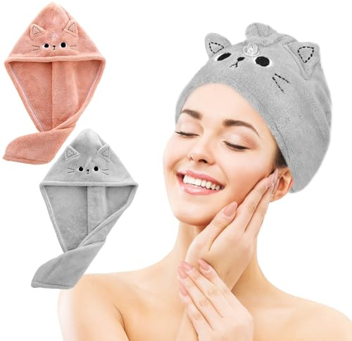 PetGlimmer 2 Stück Mikrofaser Haartuchwickel, Hair Plopping Towel Curly | Schnelltrocknend Haarturban Saugfähige, Dunkelrosa, Grau, Katze Korallenfleece Absorbierender Haartuch für Frauen Mädchen