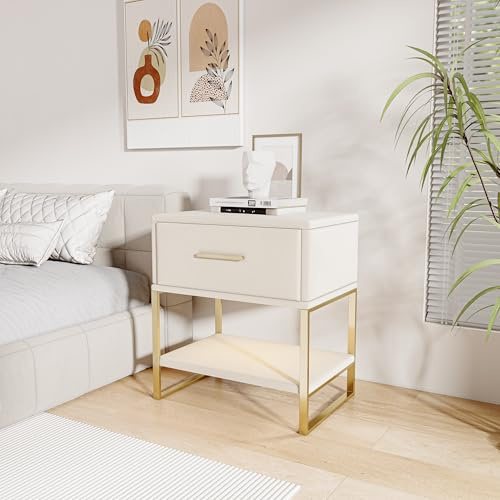 VixorLuilith Nachttisch, moderner Nachttisch mit 1 Schublade und offenem Fach, Griff und LED-Licht, Beistelltisch für Schlafzimmer, Wohnzimmer, Büro, mit Samt bezogen, Beige