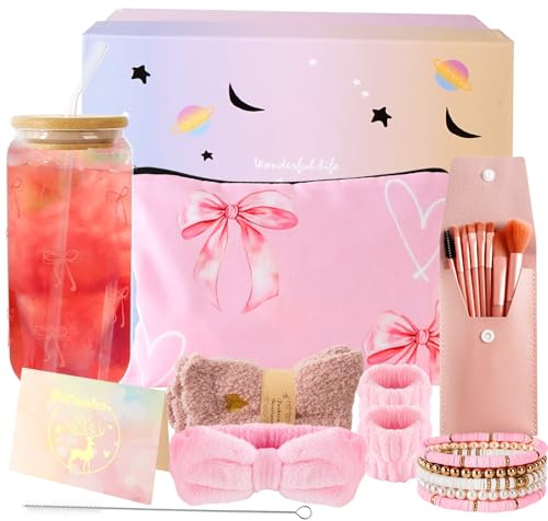 SUPRBIRD Cadeaux pour filles adolescentes de 9 à 16 ans, cadeau d'anniversaire de Noël, gobelet en verre, verre à boire avec paille et couvercle, pinceau de maquillage, trousse de maquillage, bracelet