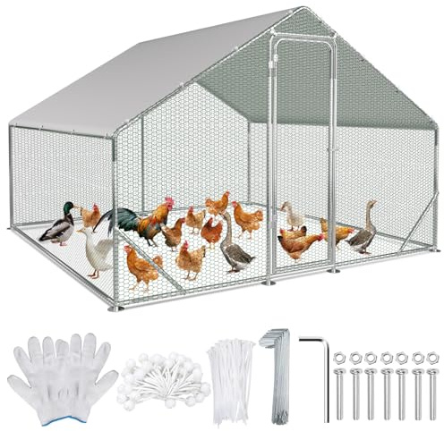 Vkechh Freilaufgehege 3x3x2m – Begehbarer Hühnerstall Verzinkter Stahl Kleintierstall Hühnerhaus Dach Geflügelstall mit Sonnenschutzdach und Tür für Haustierkäfig Hühnerkäfig Kleintiere Pflanzen