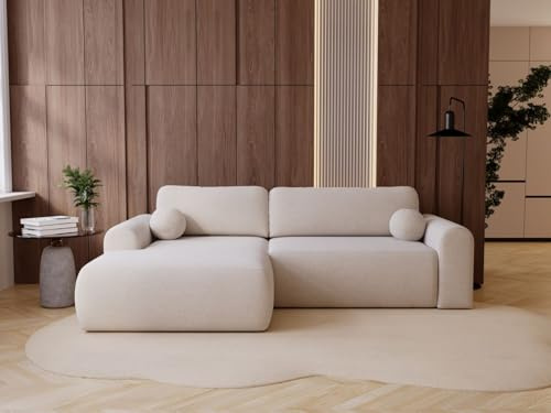 GRAINGOLD Savana L 257x177 cm, L-Form Sofa, Schlafcouch für Wohnzimmer, Bouclé-Stoff, 3-Sitzer Eckcouch, Ecksofa mit Bettkasten (Creme, Links)