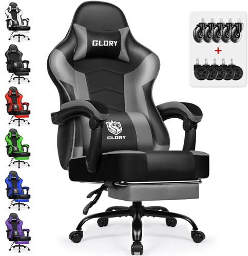 minnouat Gaming Stuhl Ergonomischer mit Fußstütze, Gaming Chair 150 kg Belastbarkeit, Gamer Stuhl Zockerstuhl aus Kunstleder, 360° leise Gummi Rollen, PC Bürostuhl für Jugendliche Erwachsene, Grau
