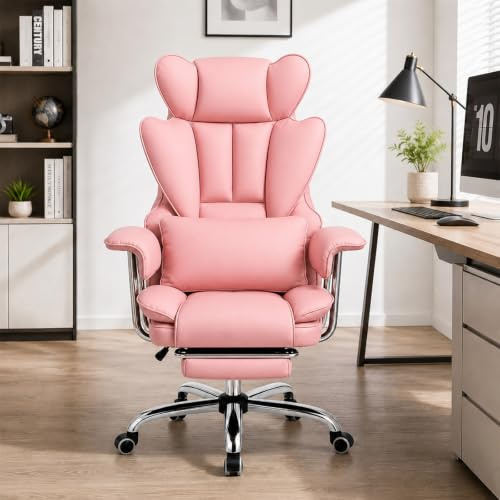 Ergonomischer Chefsessel mit Fußstütze,ergonomic chair,Verstellbarer Bürostuhl mit 90°–135° Rückenlehne, Dicke Polsterung, 200 kg Belastbar, Moderner Office Chair für Homeoffice, Büro und Gaming, Rosa
