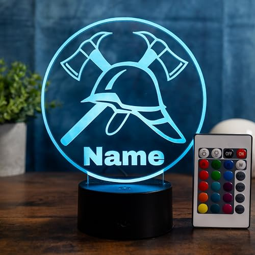 SpadinsLaserDreams Personalisierte Feuerwehr Lampe – LED Nachtlicht mit Name, Feuerwehr Geschenk für Männer, Kinder & Feuerwehrleute, Feuerwehhelm Deko, 16 Farben dimmbar