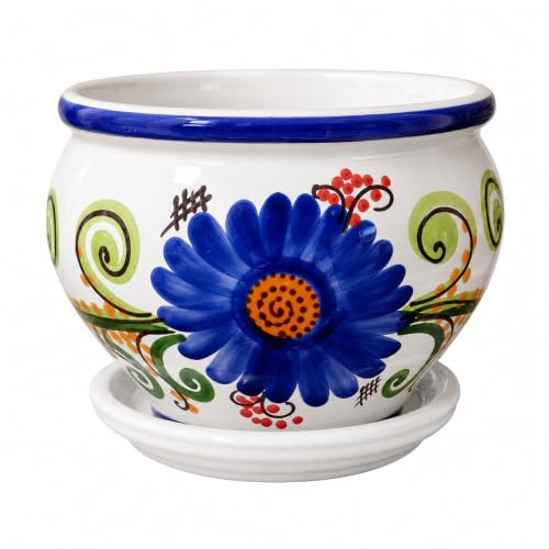 Ceracor Ceramicas Maceta Coco Flor Azul cerámica con Plato 23 x 20 cm, macetero Decorativo para Plantas Interior Exterior