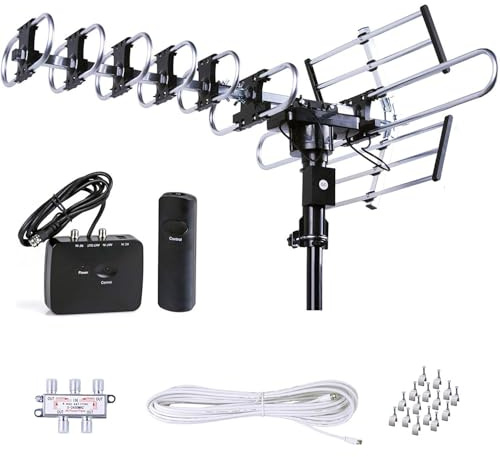 Five Star Antena de TV HD para exteriores más fuerte hasta 200 millas de largo alcance con rotación motorizada de 360 grados, radio UHFVHFFM con control remoto infrarrojo Diseño avanzado Plus Kit